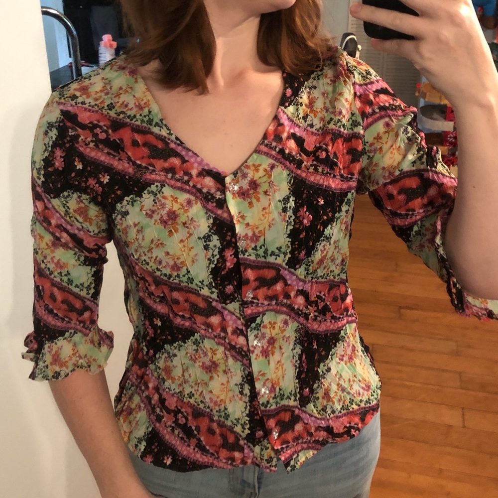 Belissimo Multicoloured sheer floral blouse with ruffle sleeves